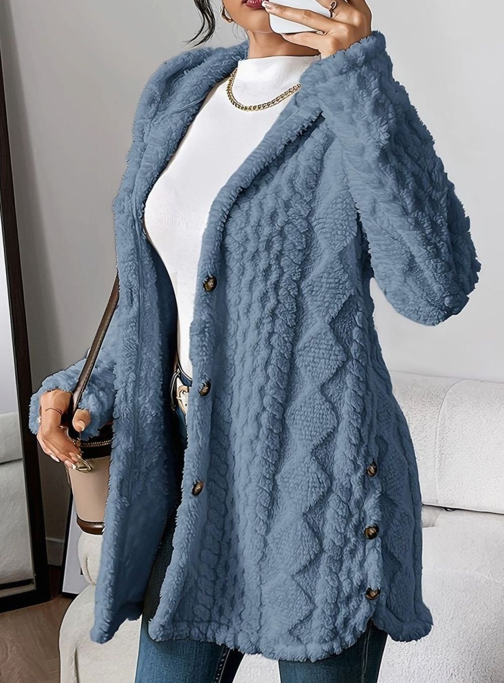Lyverna | Damen Teddyjacke mit Kapuze und Knöpfen - Cream - Image 10