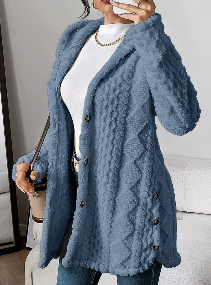 Lyverna | Damen Teddyjacke mit Kapuze und Knöpfen - Cream - Image 10