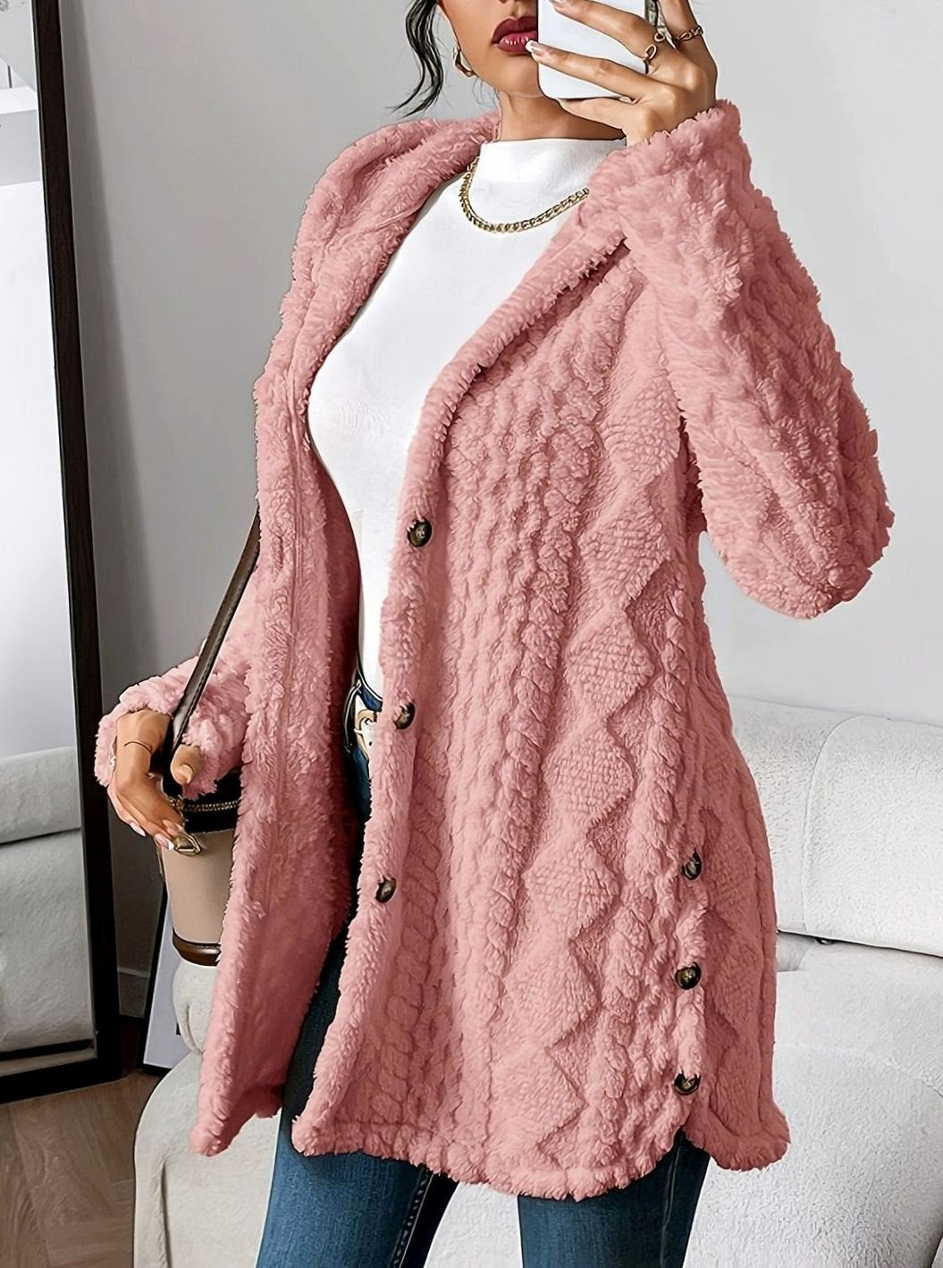 Lyverna | Damen Teddyjacke mit Kapuze und Knöpfen - Cream - Image 11