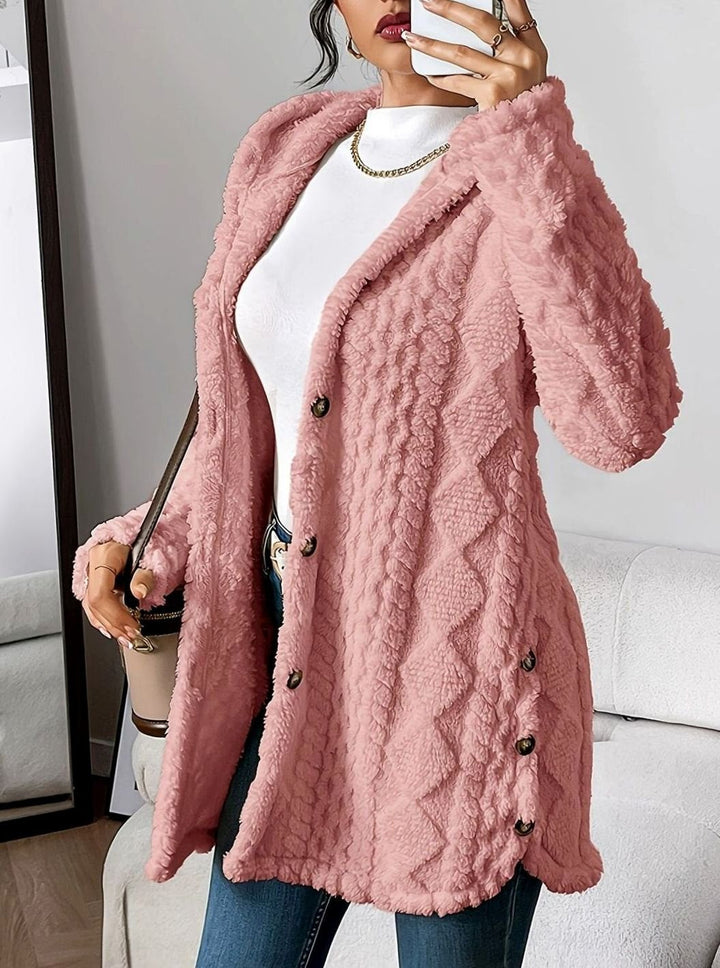 Lyverna | Damen Teddyjacke mit Kapuze und Knöpfen - Cream - Image 11