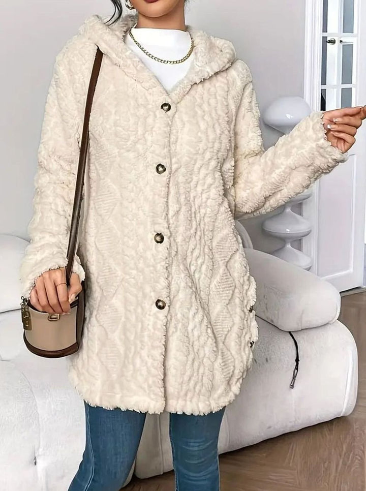 Lyverna | Damen Teddyjacke mit Kapuze und Knöpfen - Cream - Image 2