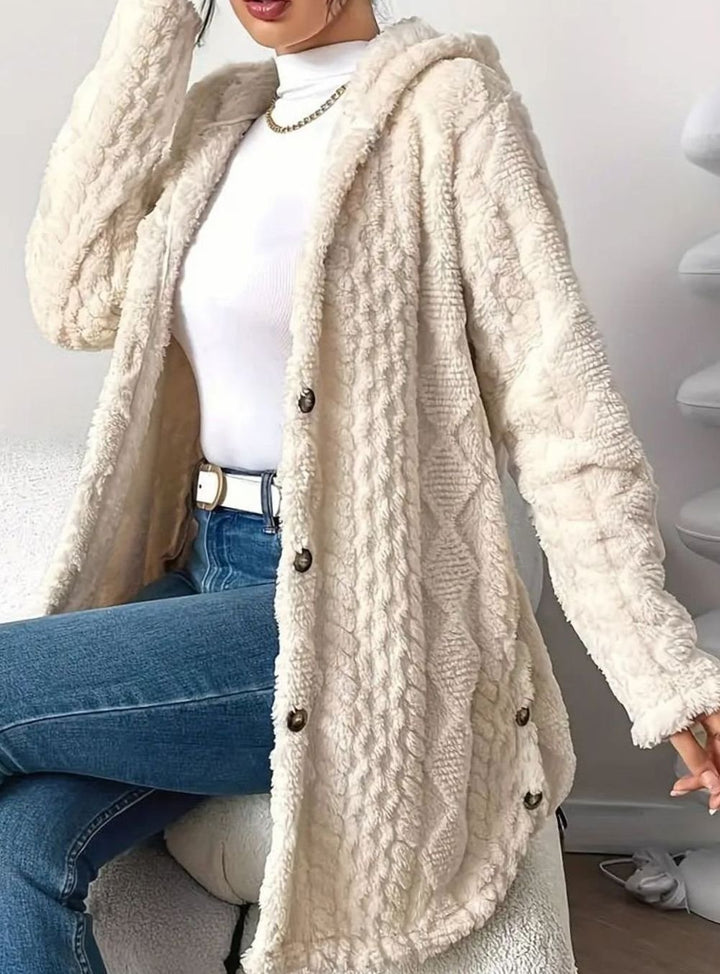 Lyverna | Damen Teddyjacke mit Kapuze und Knöpfen - Cream - Image 4