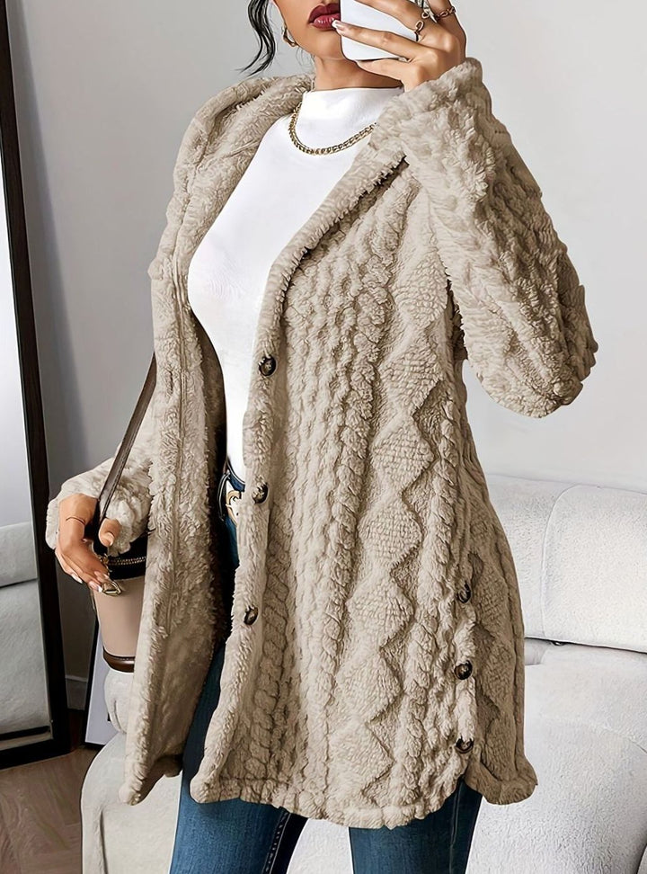 Lyverna | Damen Teddyjacke mit Kapuze und Knöpfen - Cream - Image 5