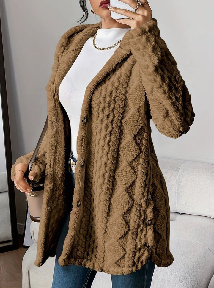 Lyverna | Damen Teddyjacke mit Kapuze und Knöpfen - Cream - Image 6