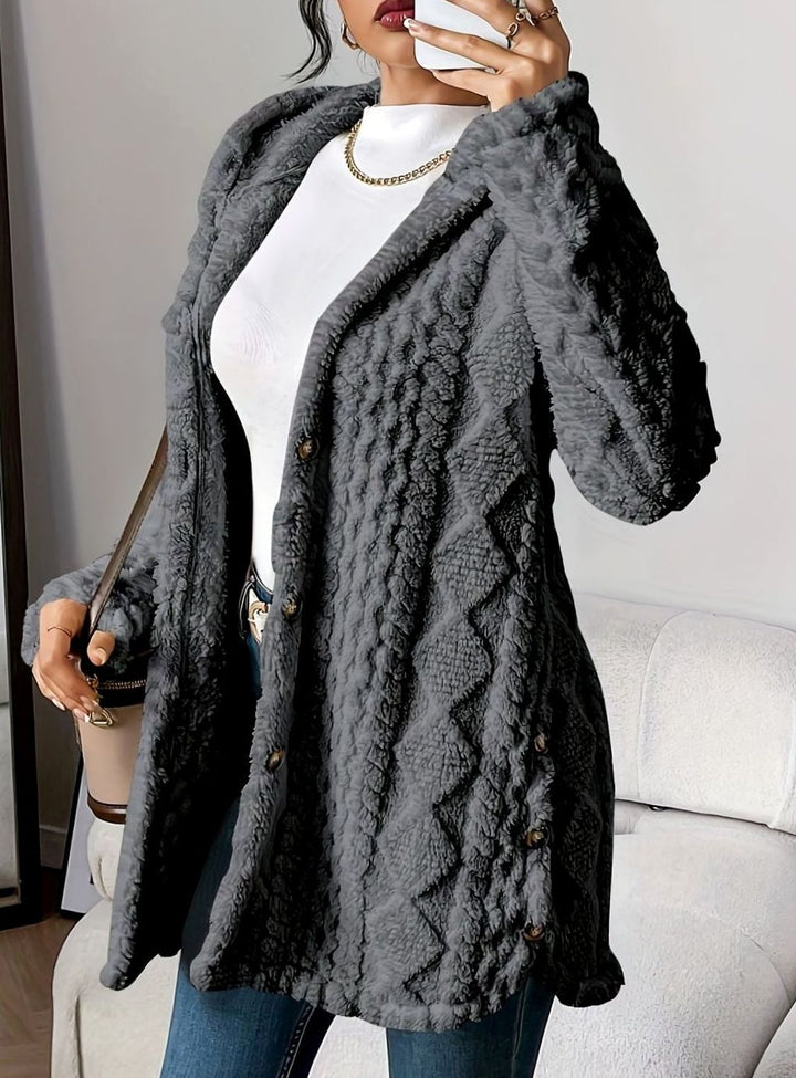 Lyverna | Damen Teddyjacke mit Kapuze und Knöpfen - Cream - Image 7