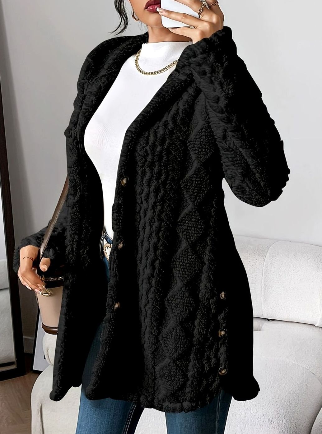 Lyverna | Damen Teddyjacke mit Kapuze und Knöpfen - Cream - Image 8
