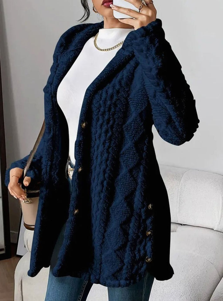 Lyverna | Damen Teddyjacke mit Kapuze und Knöpfen - Cream - Image 9