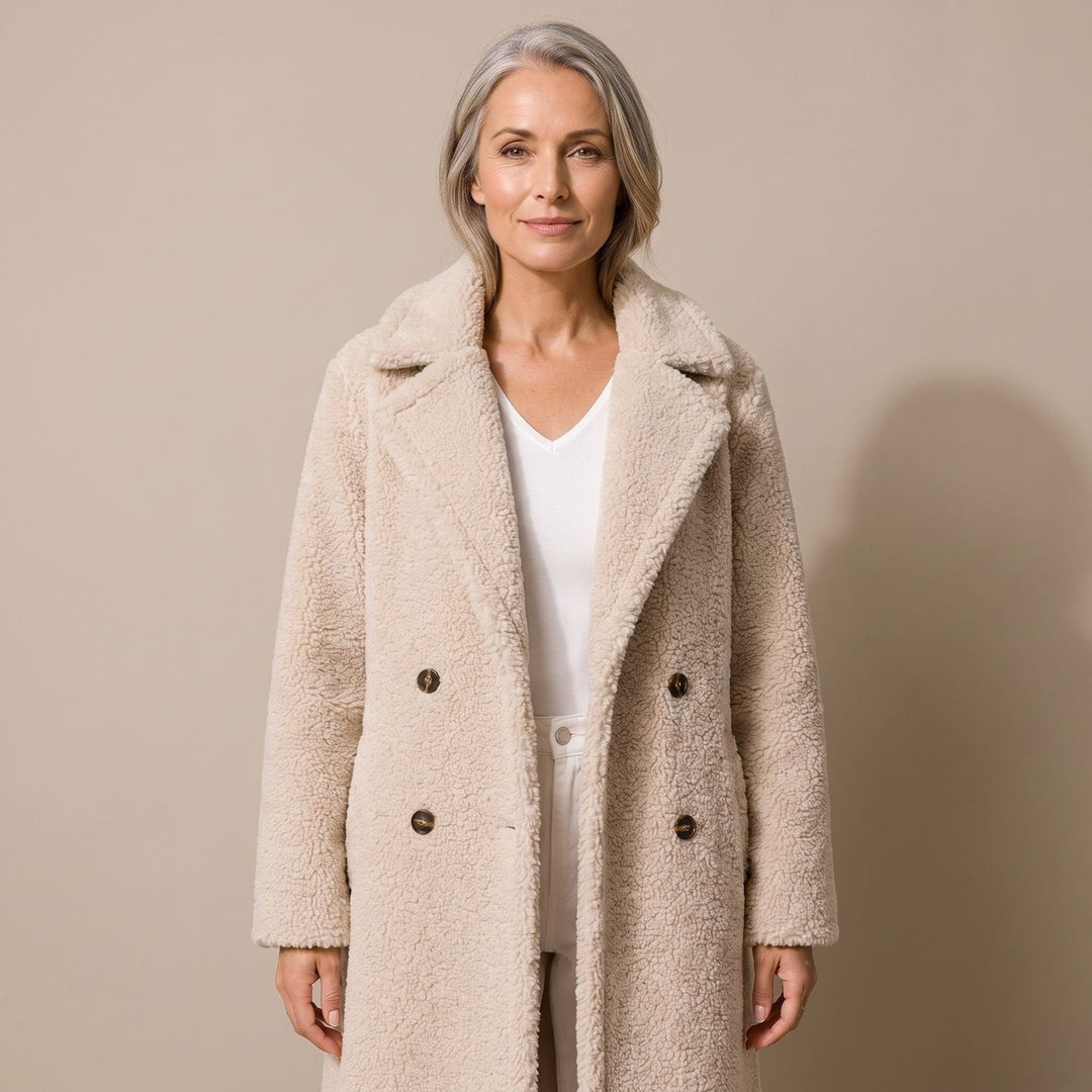 Lyvonde | Damen Langer Wintermantel Teddy Fleece - Beige - Image 1