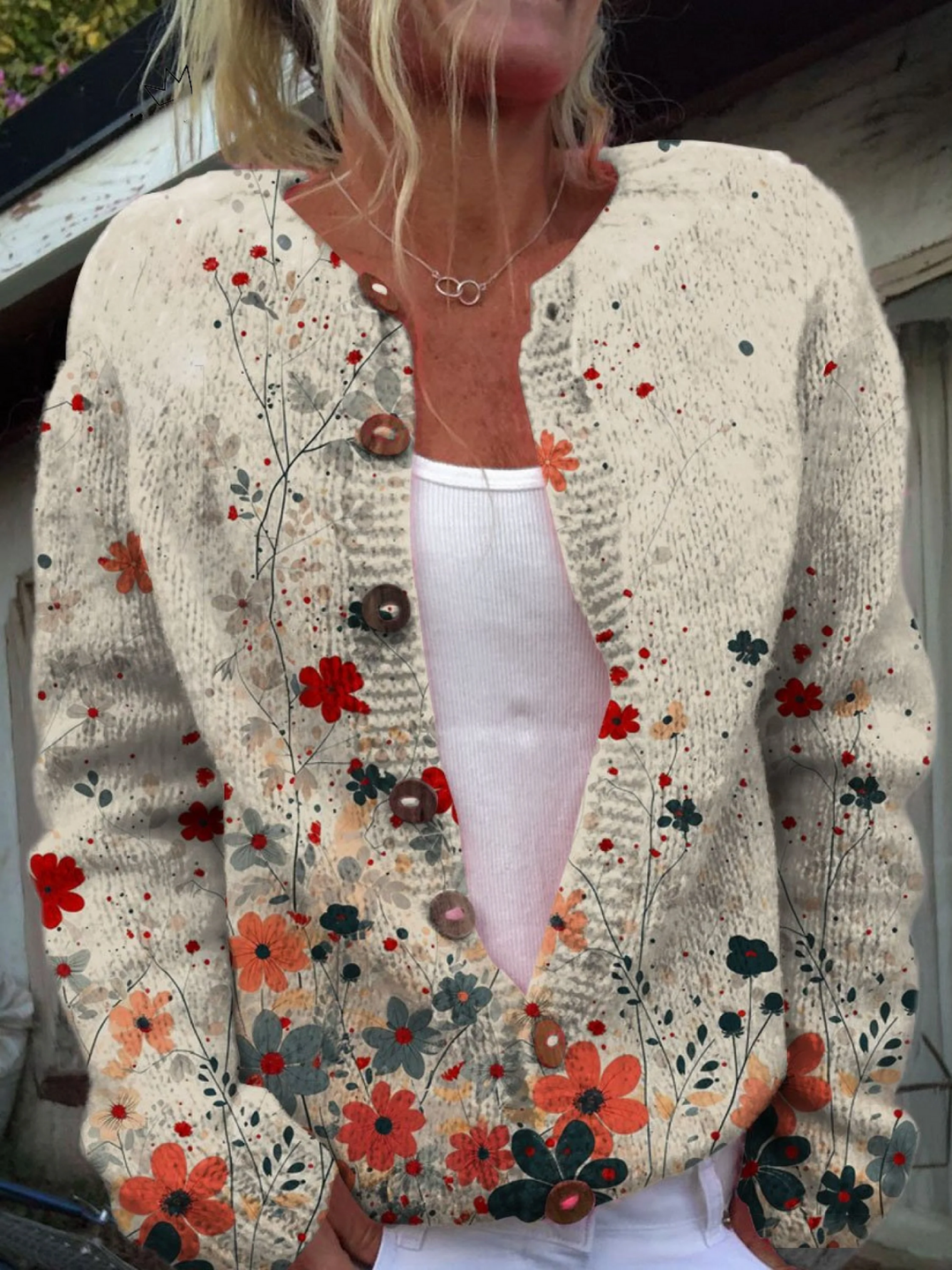 Lyvonde | Damen Strickjacke mit Blumenmuster - Cream - Image 1