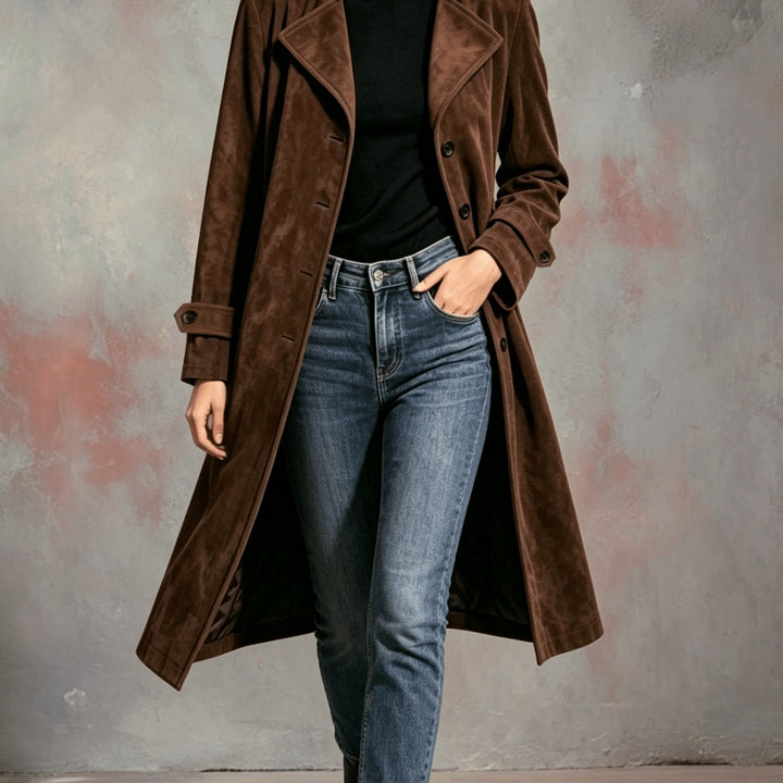 Marvara | Damen Langer Wintermantel Trenchcoat - Dark Brown - Image 1
