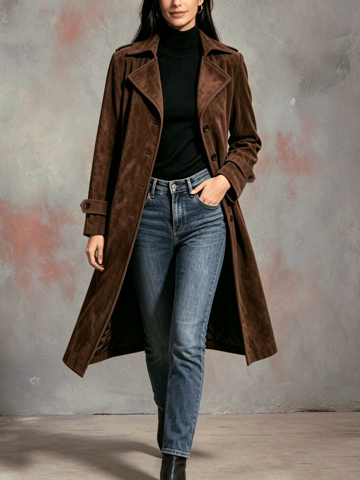 Marvara | Damen Langer Wintermantel Trenchcoat - Dark Brown - Image 2