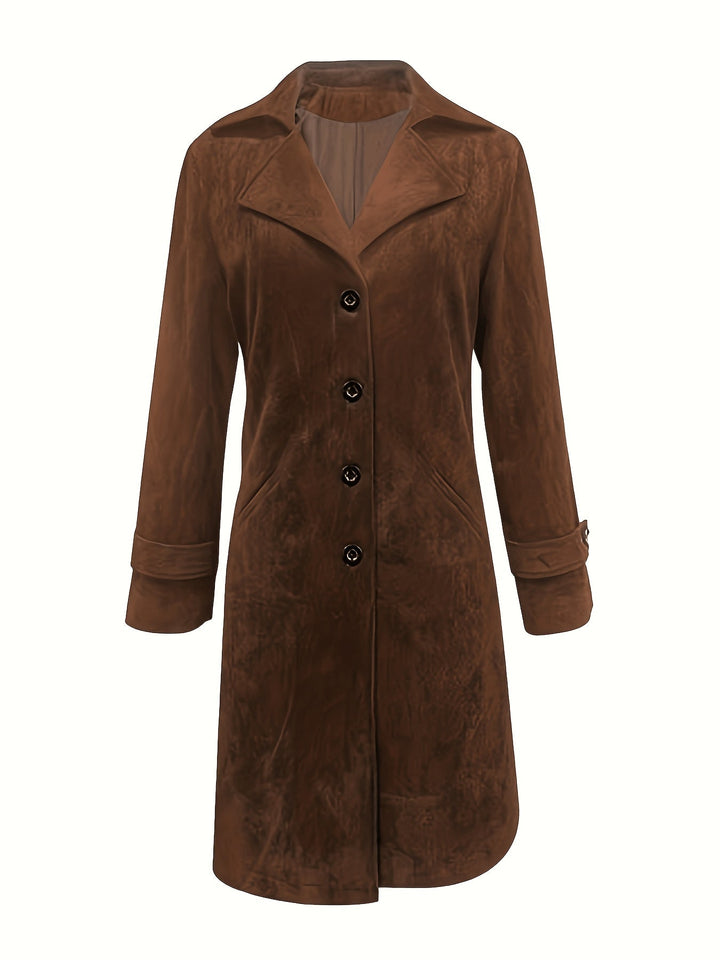 Marvara | Damen Langer Wintermantel Trenchcoat - Dark Brown - Image 3