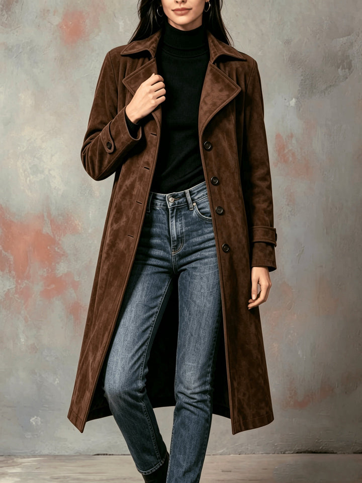 Marvara | Damen Langer Wintermantel Trenchcoat - Dark Brown - Image 4