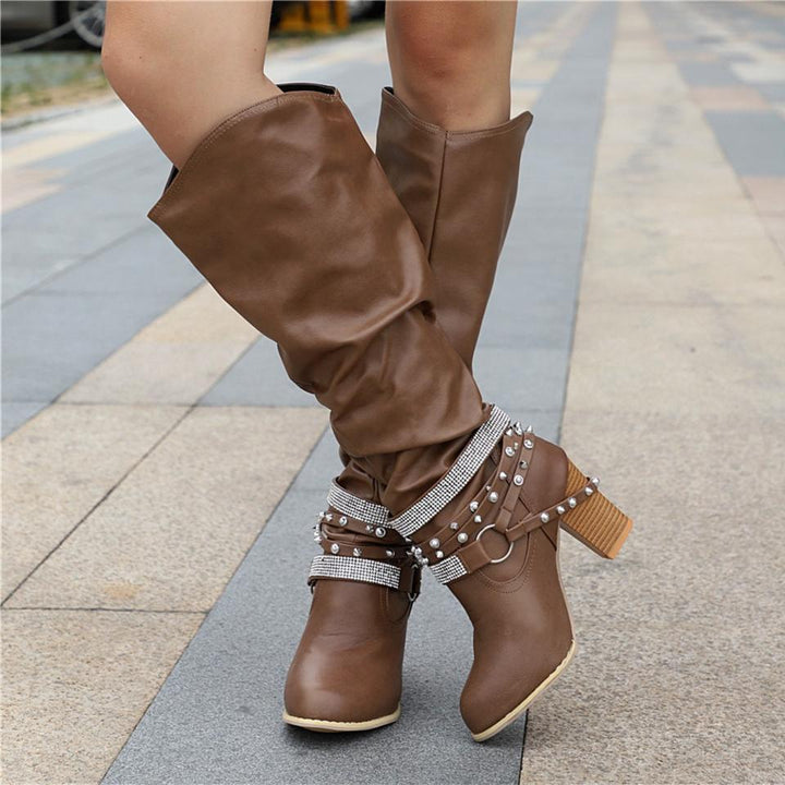 Marvinde | Damen Kniehohe Slouchy Stiefel Blockabsatz - Image 1