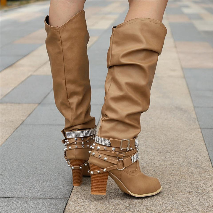 Marvinde | Damen Kniehohe Slouchy Stiefel Blockabsatz - Image 10