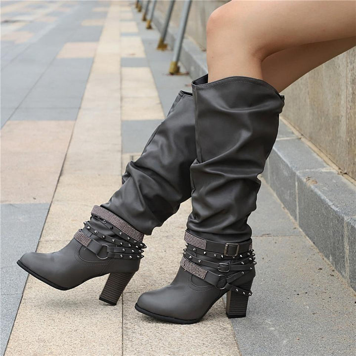Marvinde | Damen Kniehohe Slouchy Stiefel Blockabsatz - Image 11