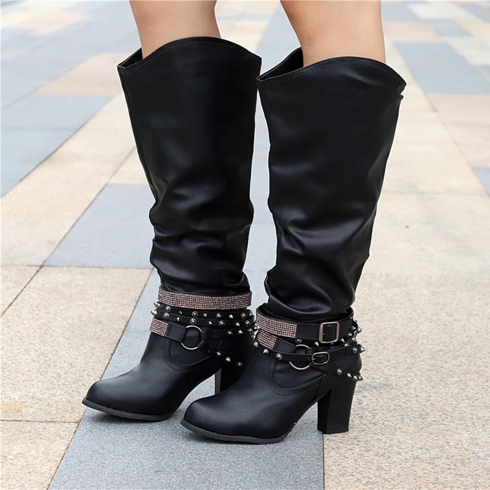 Marvinde | Damen Kniehohe Slouchy Stiefel Blockabsatz - Image 5