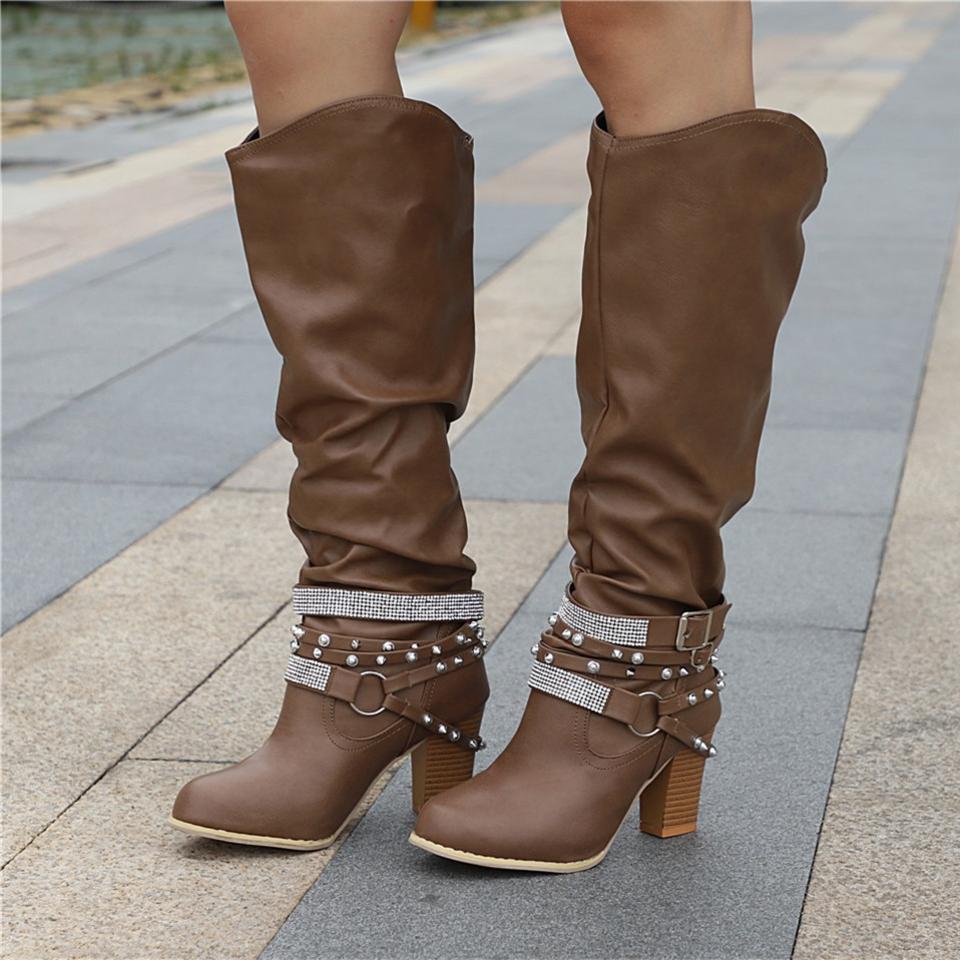 Marvinde | Damen Kniehohe Slouchy Stiefel Blockabsatz - Image 6