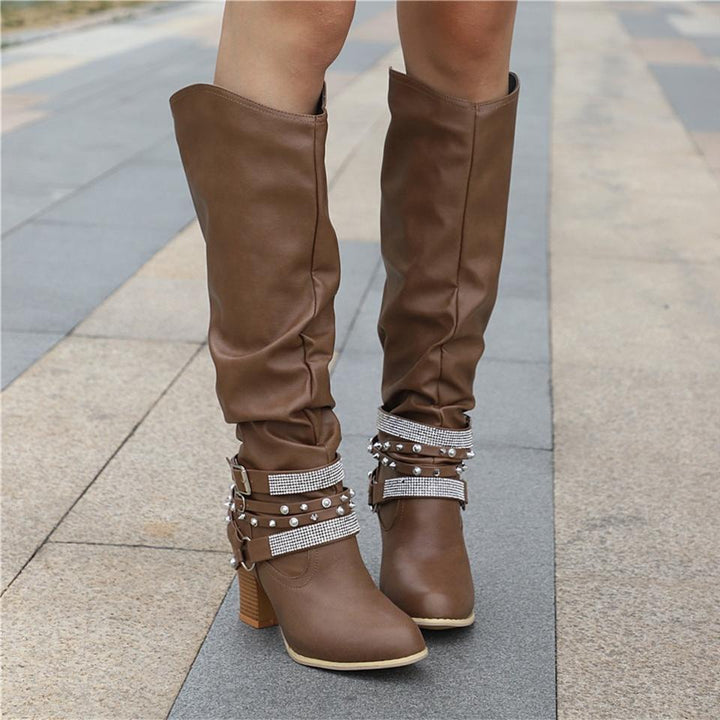 Marvinde | Damen Kniehohe Slouchy Stiefel Blockabsatz - Image 7