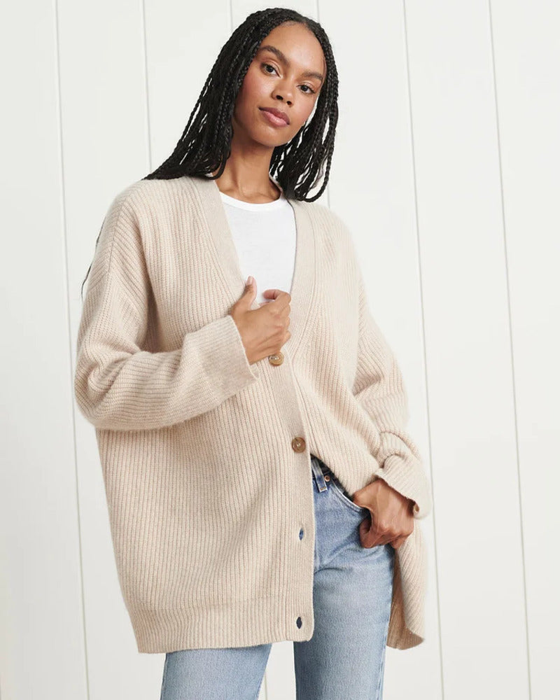 Melvaine | Damen Oversize Strickjacke Gerippte Cardigan - Taupe - Image 10