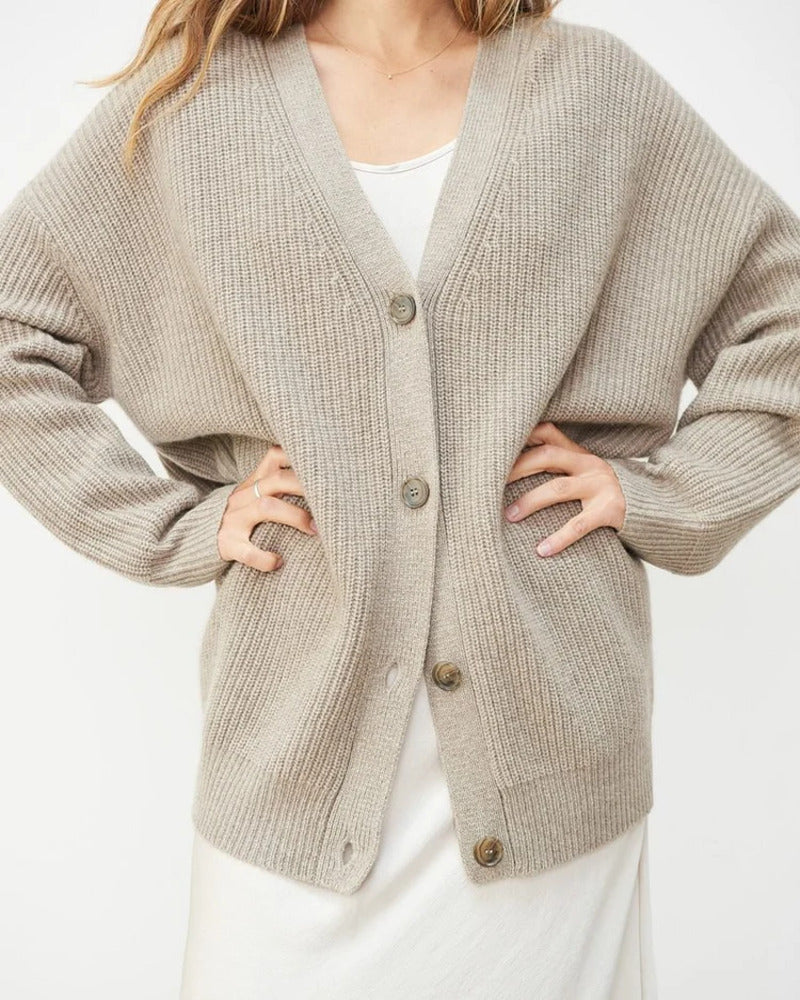 Melvaine | Damen Oversize Strickjacke Gerippte Cardigan - Taupe - Image 2