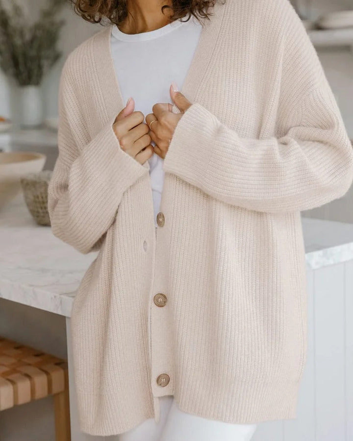 Melvaine | Damen Oversize Strickjacke Gerippte Cardigan - Taupe - Image 4