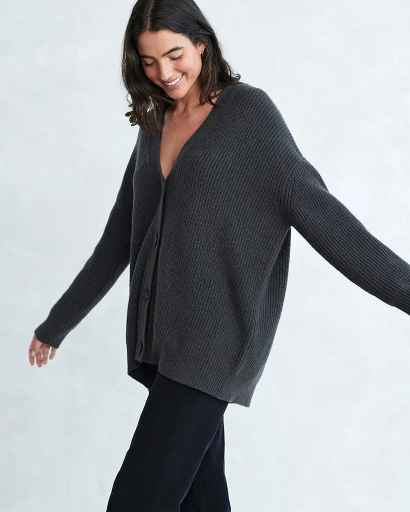 Melvaine | Damen Oversize Strickjacke Gerippte Cardigan - Taupe - Image 5