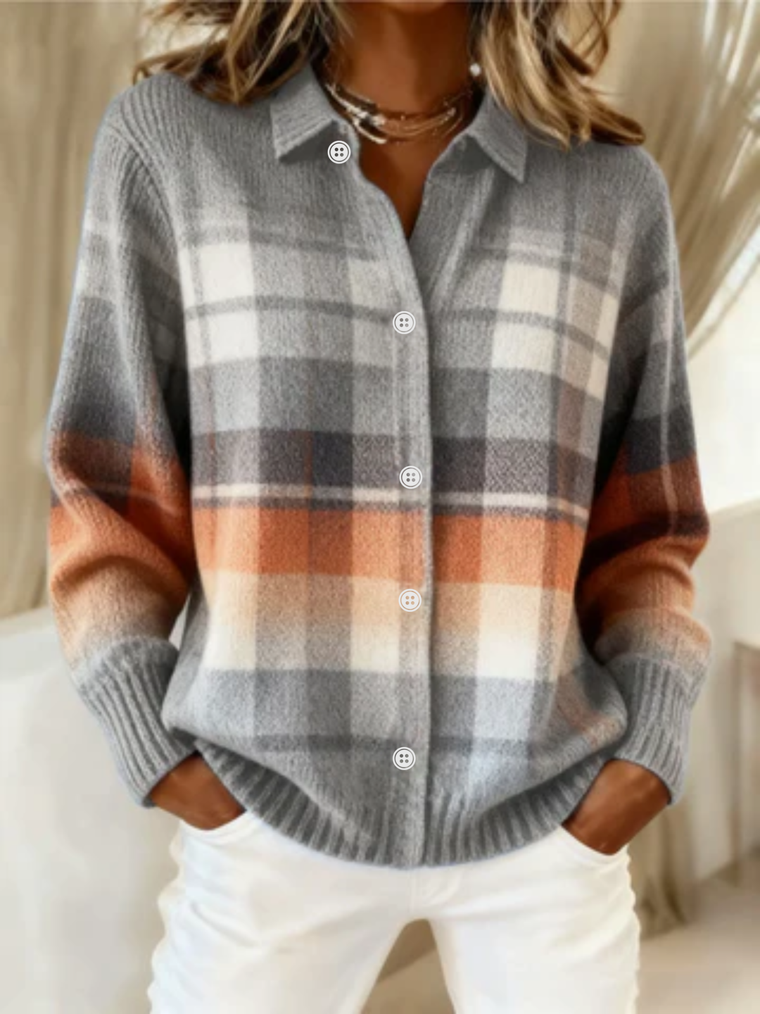 Melvorn | Damen Strickjacke Kariert Zum Zuknöpfen - Grey - Image 1