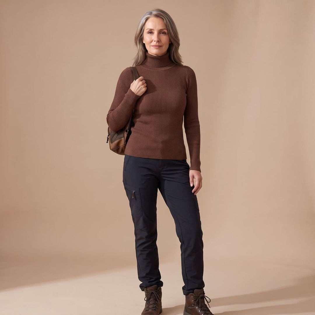 Nelvaine | Damen Gerippter Rollkragen Strickpullover - Brown - Image 2