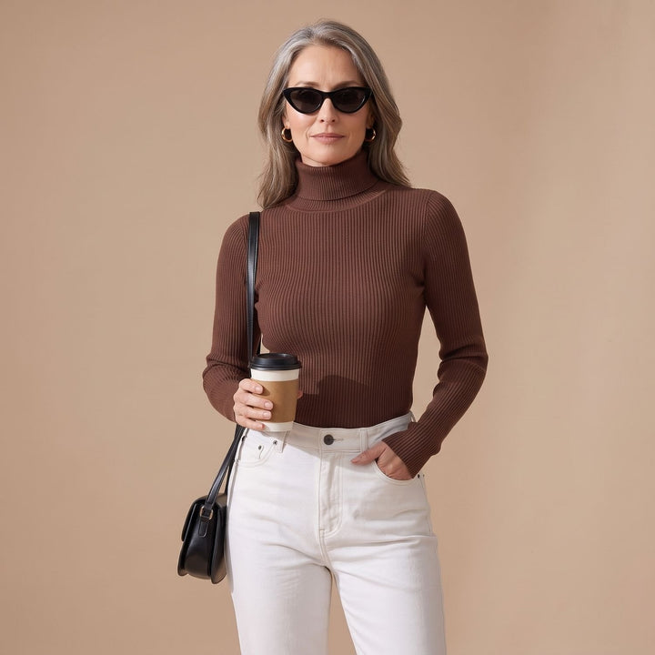 Nelvaine | Damen Gerippter Rollkragen Strickpullover - Brown - Image 3
