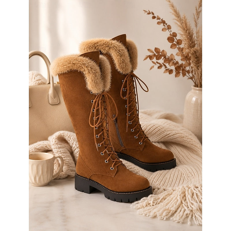 Nelvora | Damen Kniehohe Winterstiefel mit Schnürung - Camel - Image 4