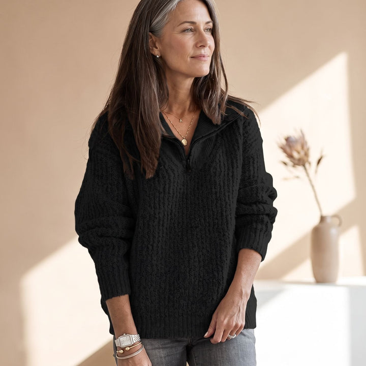 Nelvorne | Damen Strickpullover Halbzip Rippenstrick - Black - Image 1