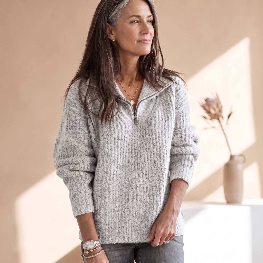 Nelvorne | Damen Strickpullover Halbzip Rippenstrick - Black - Image 2