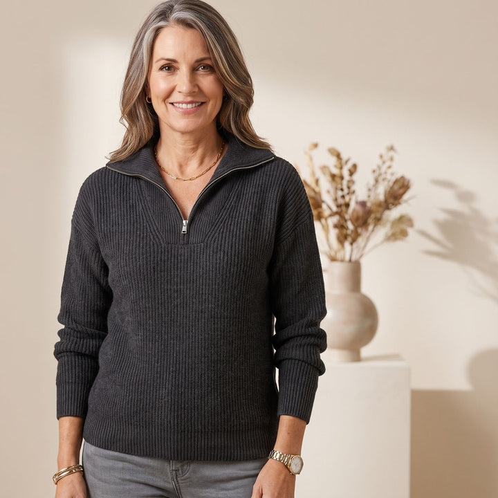 Nelvorne | Damen Strickpullover Halbzip Rippenstrick - Black - Image 5