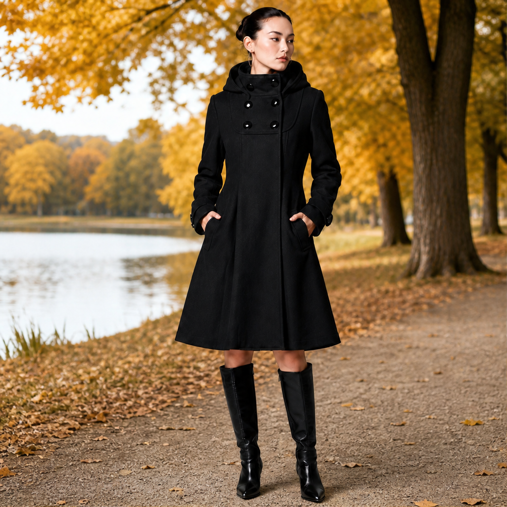 Nelvra | Damen Wintermantel mit Kapuze A-Linie - Black - Image 1