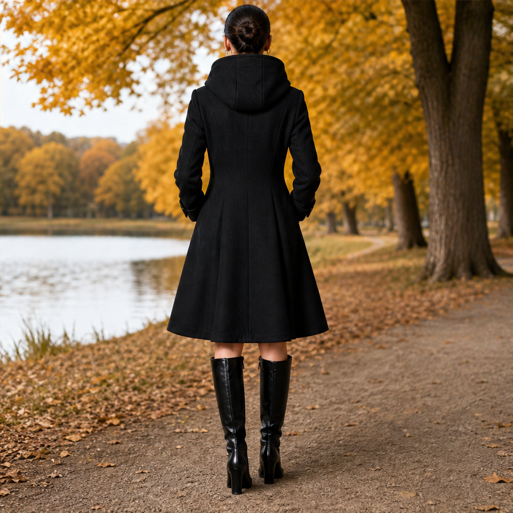 Nelvra | Damen Wintermantel mit Kapuze A-Linie - Black - Image 3