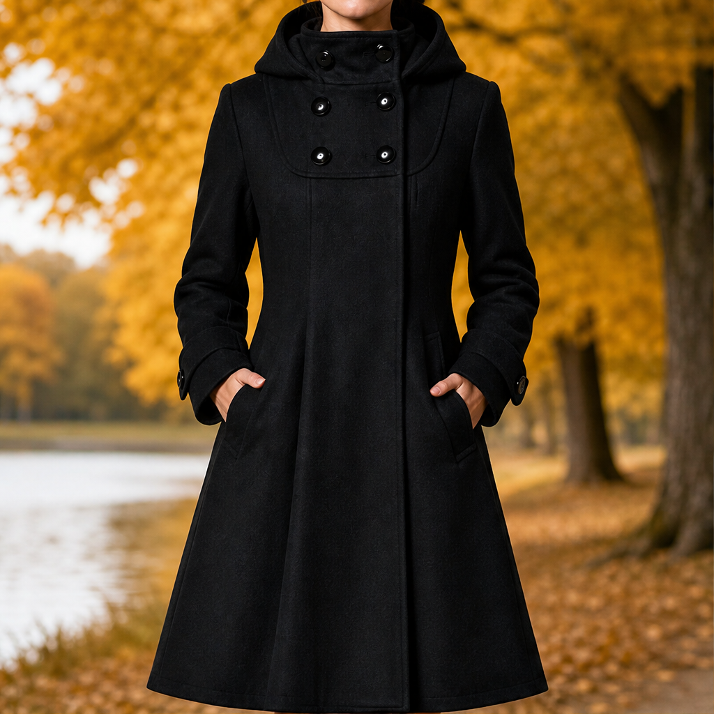 Nelvra | Damen Wintermantel mit Kapuze A-Linie - Black - Image 5