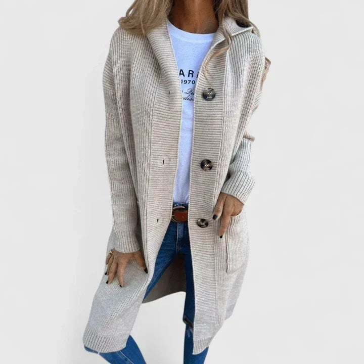 Nolvind | Damen Strickjacke mit Kapuze lang - Beige - Image 1