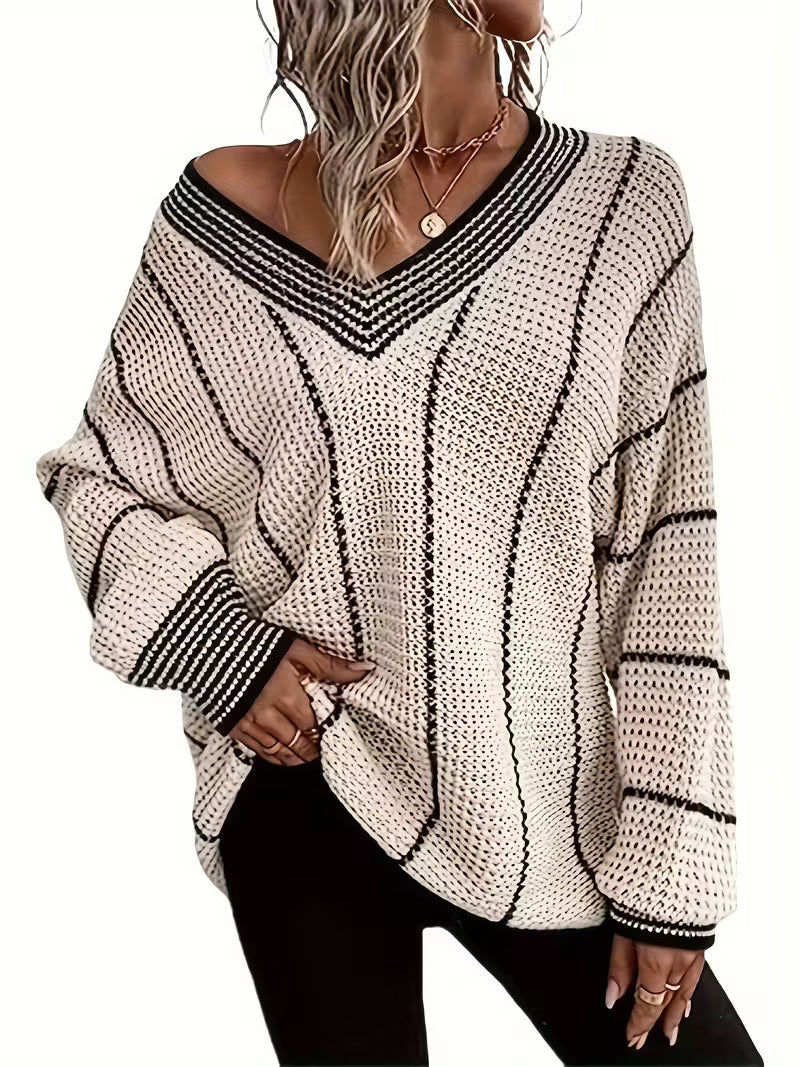 Nolvra | Damen Oversize Strickpullover V-Ausschnitt - Cream - Image 1