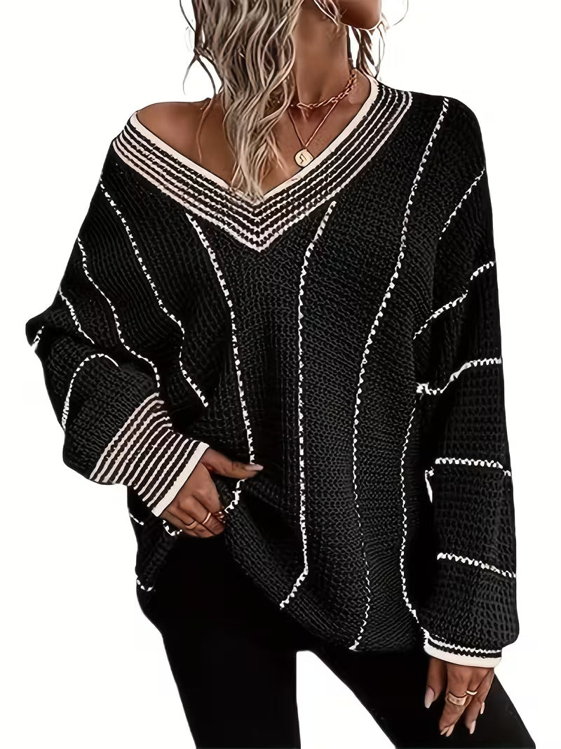 Nolvra | Damen Oversize Strickpullover V-Ausschnitt - Cream - Image 2