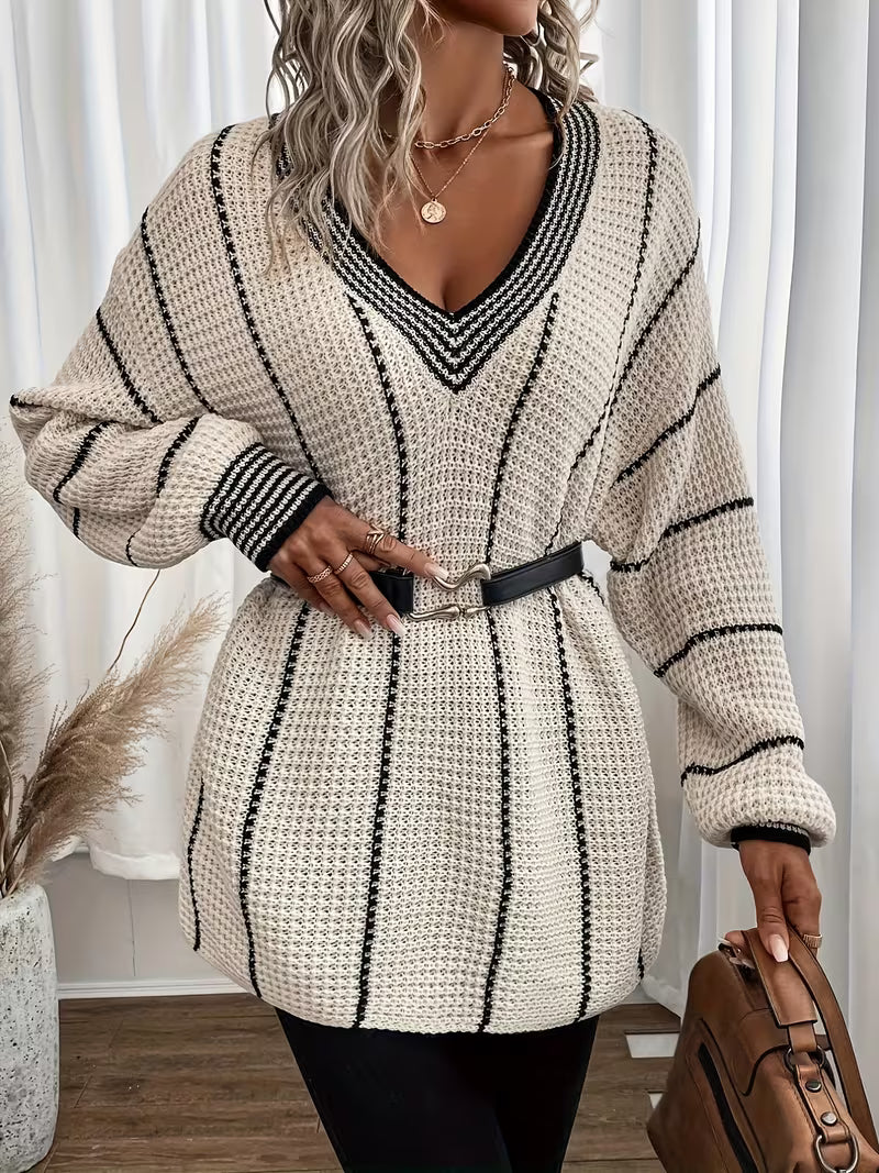 Nolvra | Damen Oversize Strickpullover V-Ausschnitt - Cream - Image 4