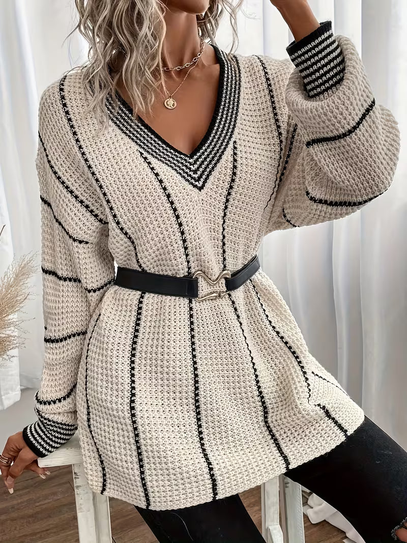 Nolvra | Damen Oversize Strickpullover V-Ausschnitt - Cream - Image 5
