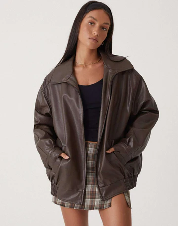 Ragnholt | Damen Oversized Lederjacke Kunstleder - Dark Brown - Image 1