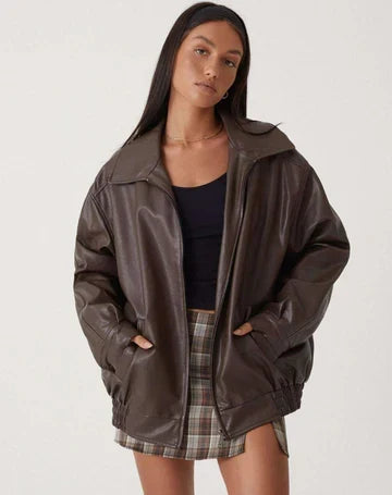Ragnholt | Damen Oversized Lederjacke Kunstleder - Dark Brown - Image 10