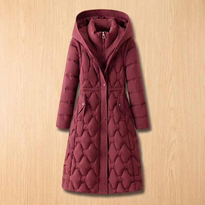 Ragnveld | Damen Langer Wintermantel Gesteppt mit Kapuze - Burgundy - Image 1