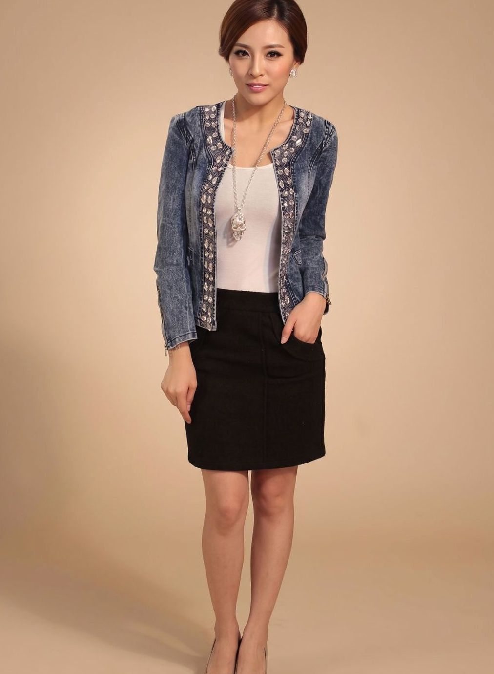 Ralvinde | Damen Übergangsjacke Jeansjacke mit Strass - Blue - Image 1