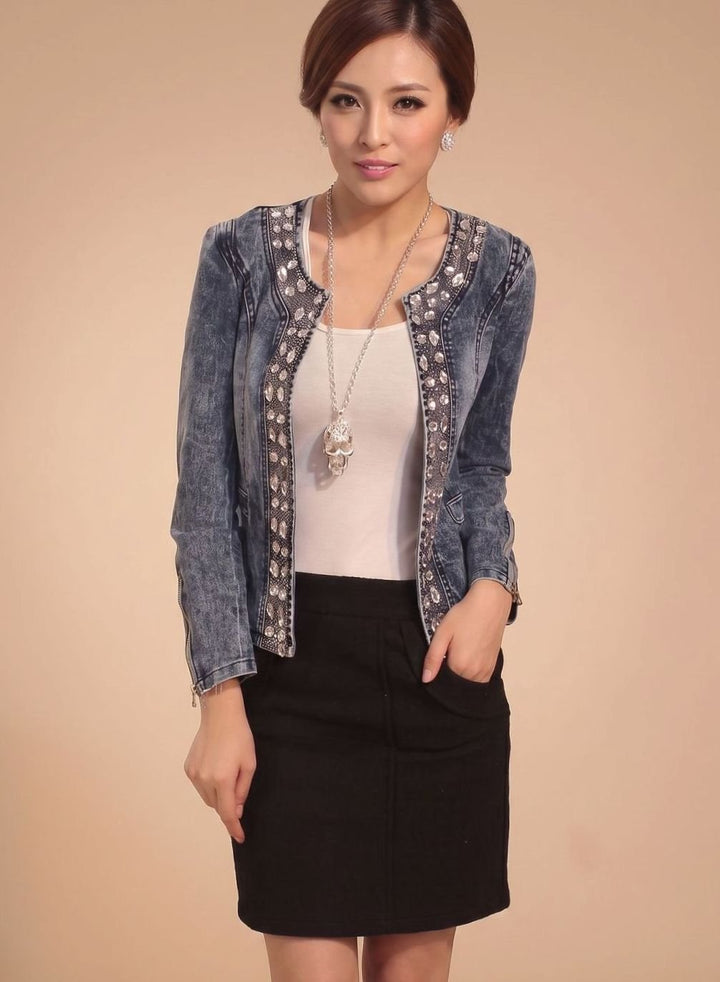 Ralvinde | Damen Übergangsjacke Jeansjacke mit Strass - Blue - Image 2