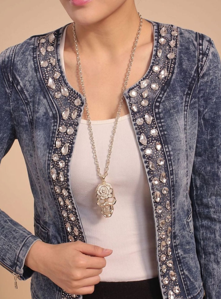Ralvinde | Damen Übergangsjacke Jeansjacke mit Strass - Blue - Image 3
