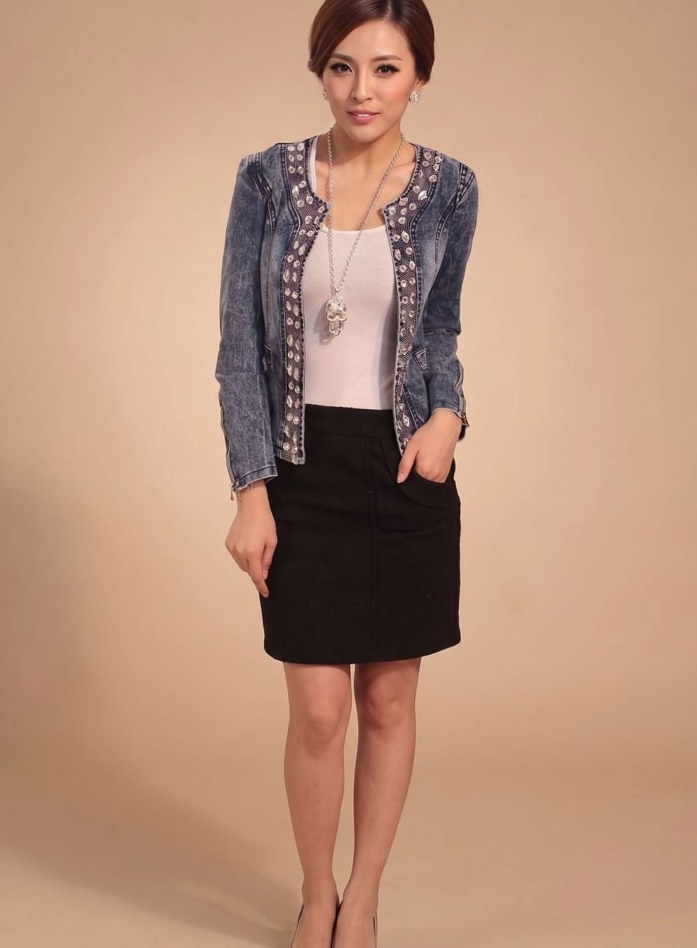 Ralvinde | Damen Übergangsjacke Jeansjacke mit Strass - Blue - Image 4