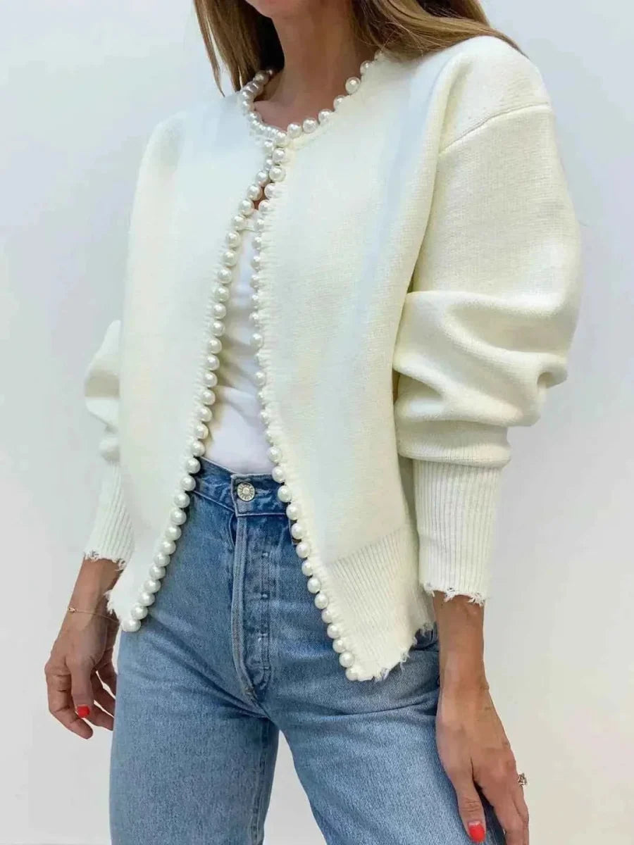 Relvara | Damen Strickjacke mit Perlenbesatz - Cream - Image 2
